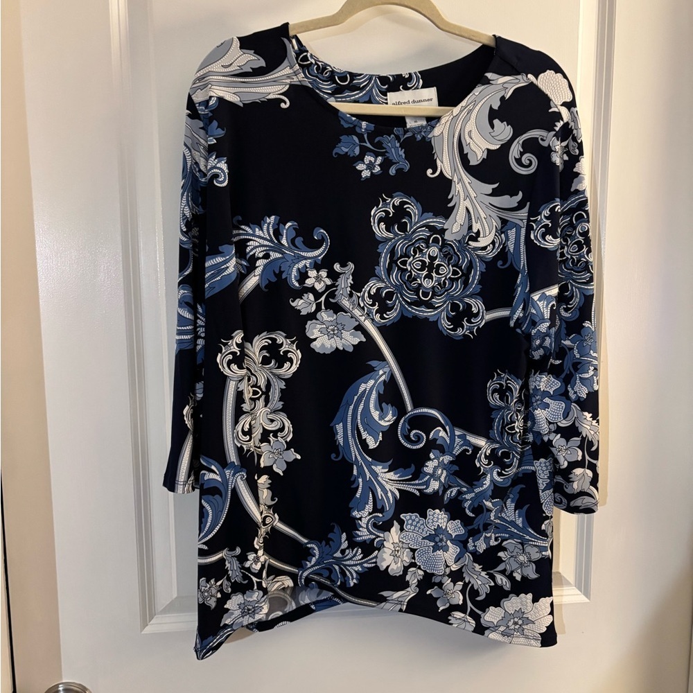Alfred Dunner Navy Blue Floral Print Crewneck Top sz XL